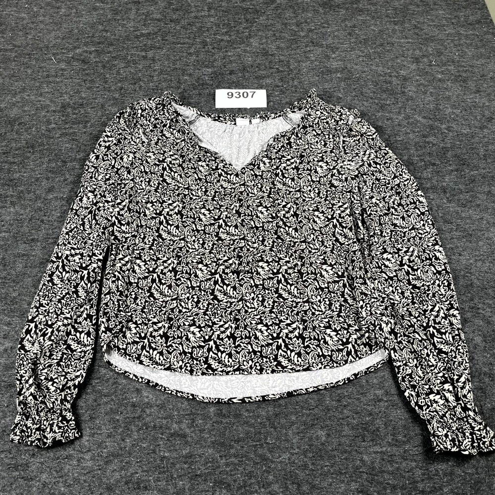 GAP Blouse Top Womens Small Black White Floral Rayon V Neck Casual‎ Long Sleeve